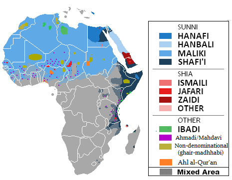 Wilayah Sahrawi (tenggara Maroko) seluruhnya berwarna biru muda, menunjukkan mayoritas penduduknya bermazhab Maliki Sunni.
