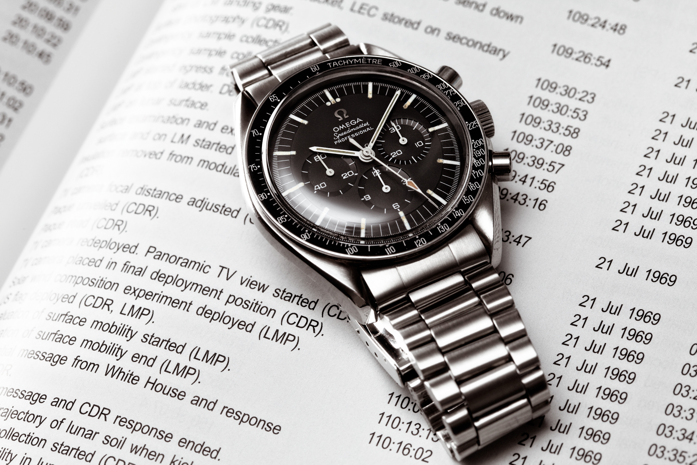 Omega Speedmaster yang dipakai ke bulan semasa misi Apollo'. Dari segi nilai, Switzerland menguasai separuh daripada nilai pengeluaran jam tangan dunia.