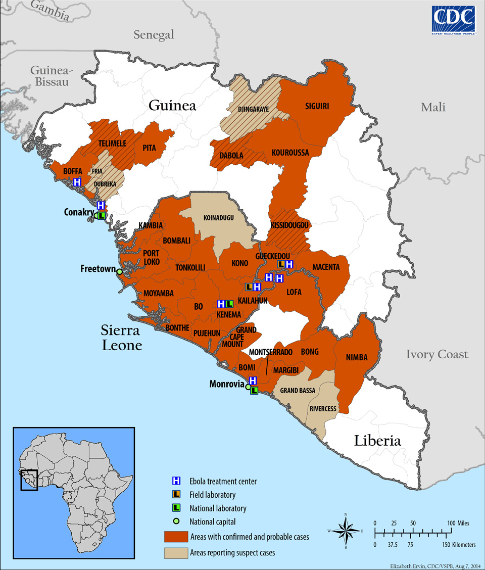 Peta situasi wabak Ebola pada 8 Ogos 2014