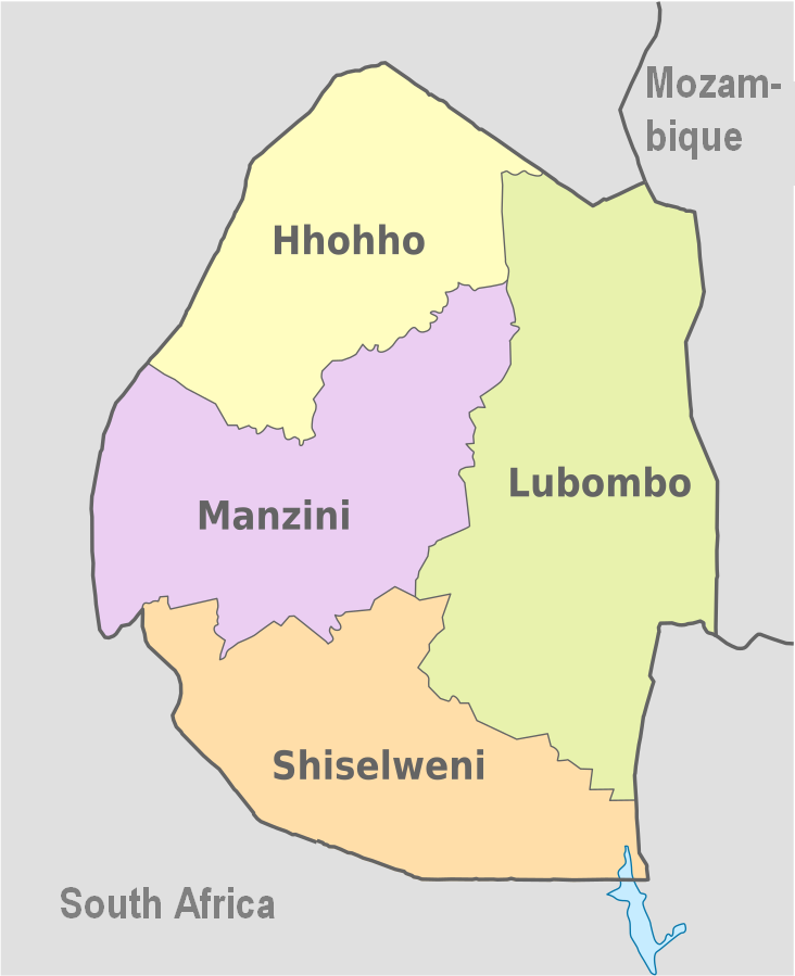 Peta klik Eswatini yang menunjukkan empat daerahnya. Hhohho (atas), Manzini (tengah-kiri), Lubombo (kanan), Shiselweni (bawah).