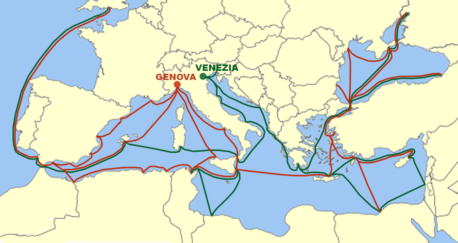 Rute perdagangan dan koloni Genoa dan Venesia.