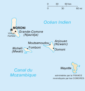 Kepulauan Komoro. Mayotte secara de jure diklaim oleh Uni Komoro tetapi secara de facto adalah bagian dari Prancis.