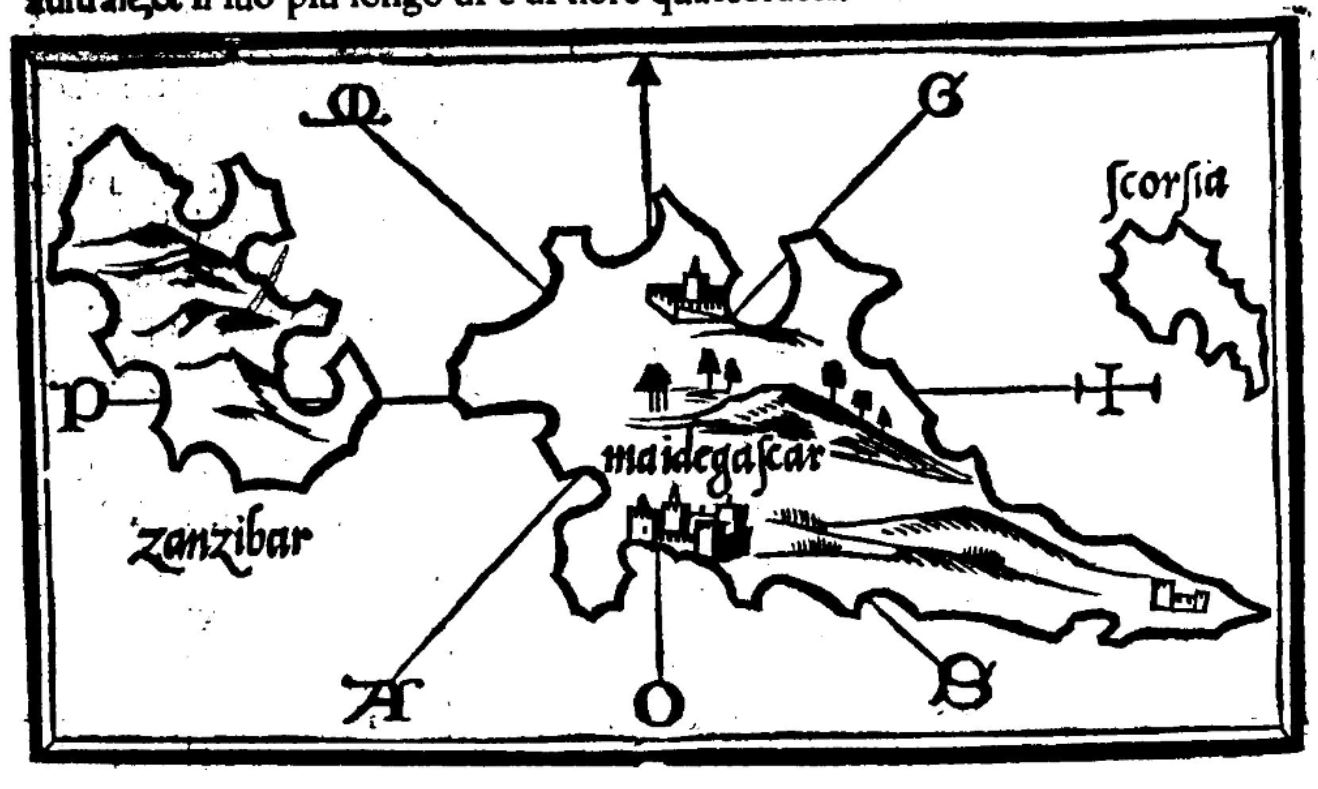 Zanzibar (trái) trong Isolario năm 1528 của Benedetto Bordone
