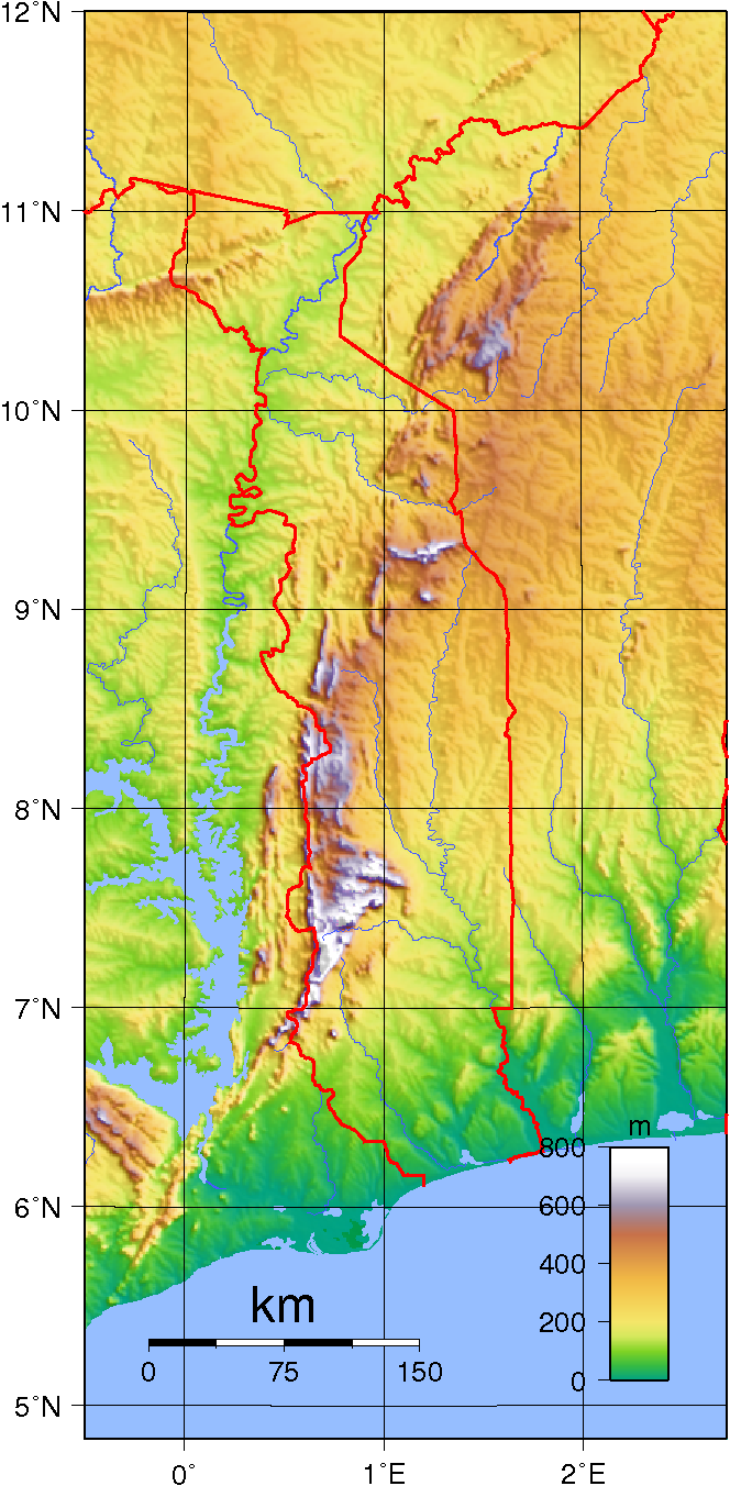 Topographic map of Togo, showing varied elevation from coastal plains to central hills and northern savanna.