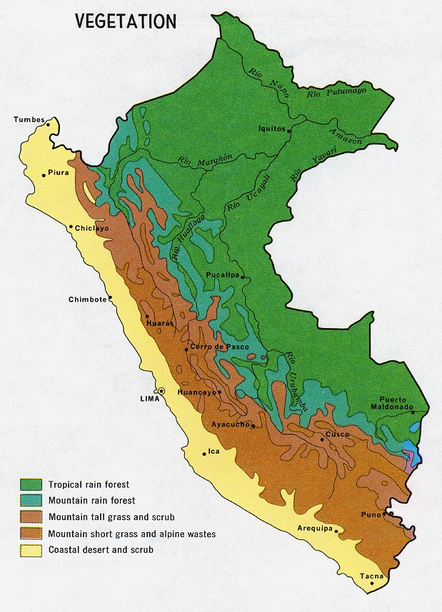 Wilayah Peru dibagi menjadi tiga zona geografis utama berdasarkan peta vegetasi tahun 1970.