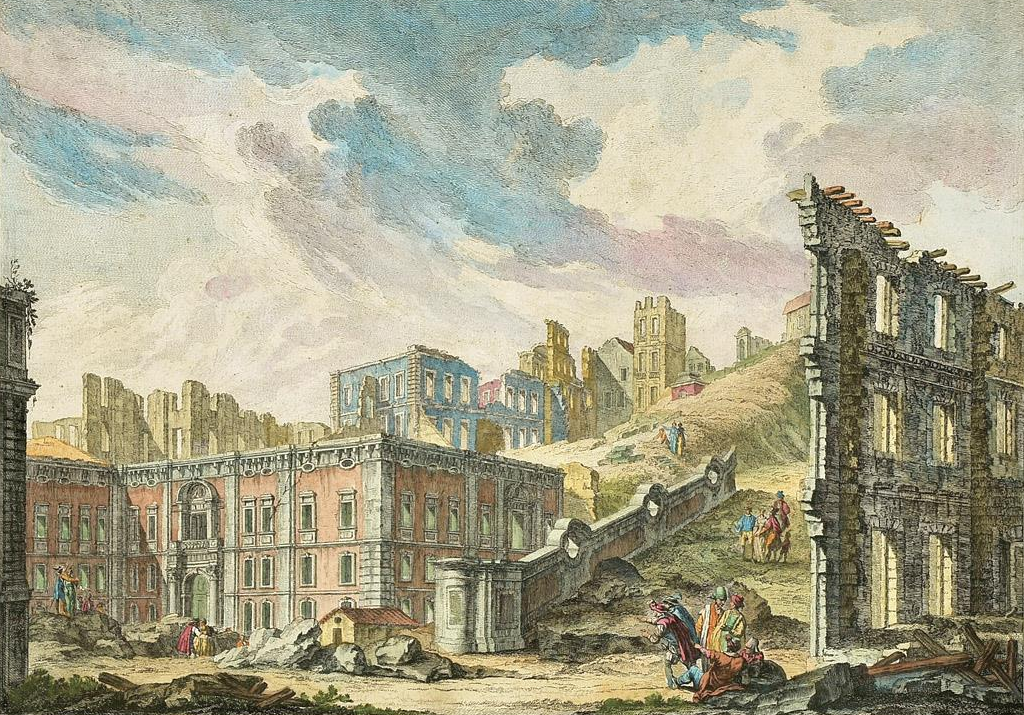 Reruntuhan Praça da Patriarcal setelah Gempa Bumi Lisboa 1755.