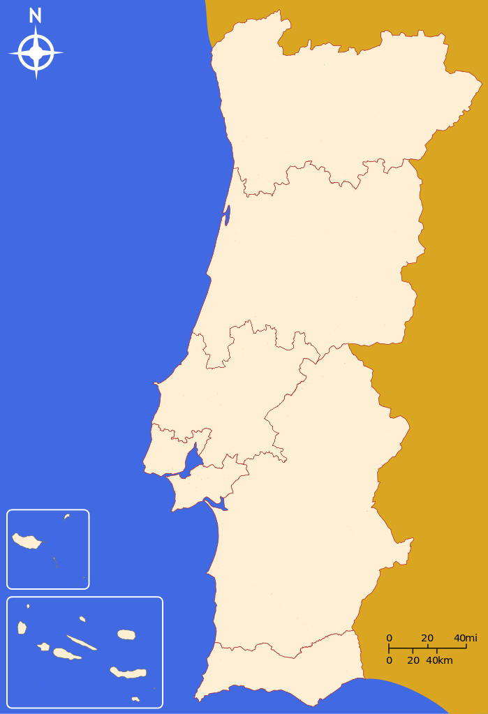 Bản đồ các vùng NUTS 2 của Bồ Đào Nha năm 2024: 1. Norte, 2. Centro, 3. Oeste e Vale do Tejo, 4. Grande Lisboa, 5. Península de Setúbal, 6. Alentejo, 7. Algarve, 8. Madeira, 9. Açores