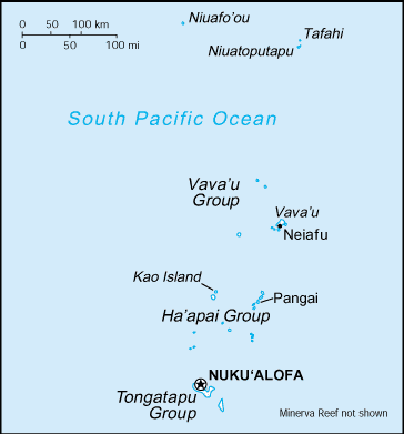 Peta Tonga yang menunjukkan kumpulan pulau utama.