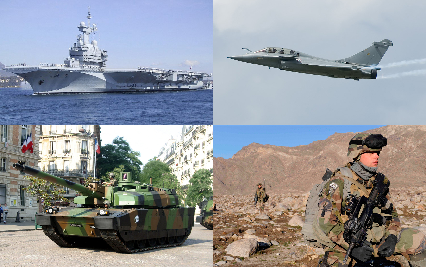 Theo chiều kim đồng hồ: Tàu sân bay hạt nhân Charles de Gaulle; chiến đấu cơ Rafale; binh sĩ lực lượng Chasseurs Alpins tuần tra tại Afghanistan; một xe tăng Leclerc diễu hành tại Paris.